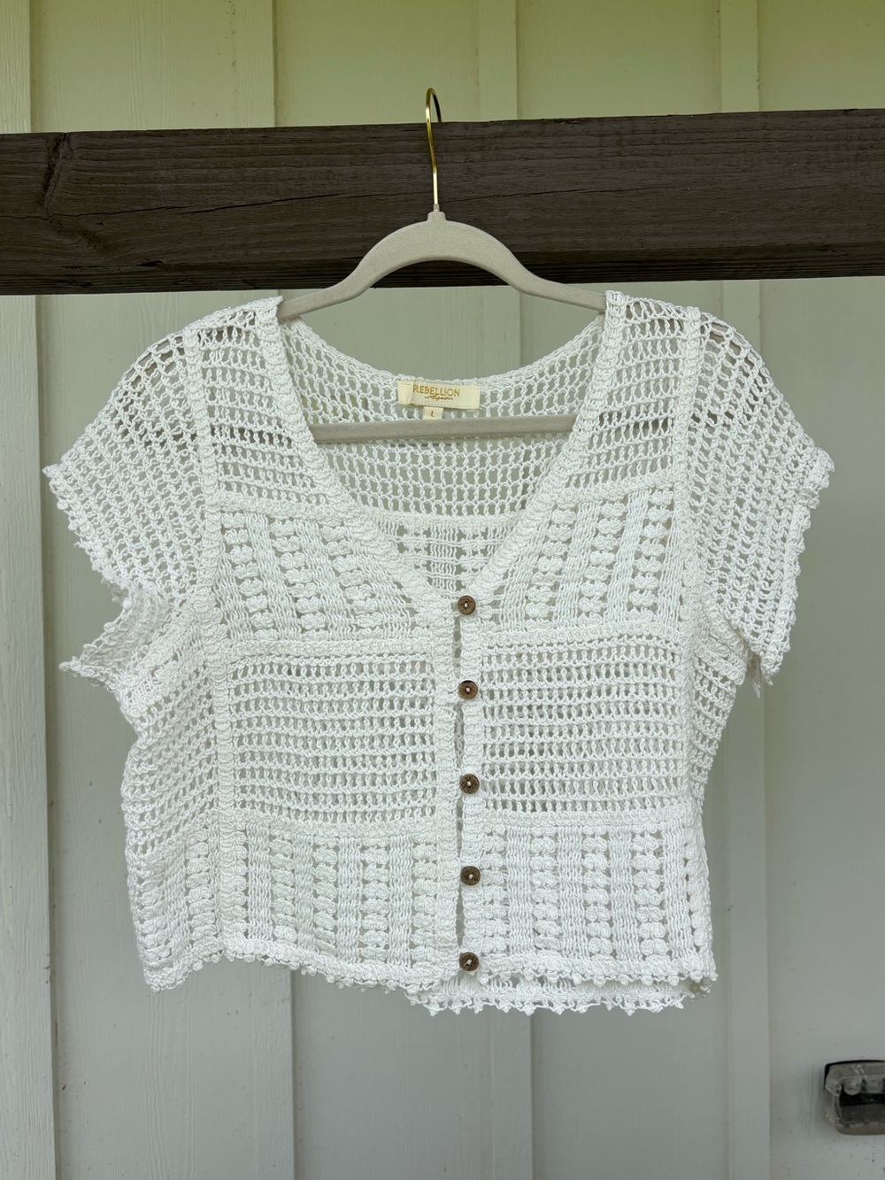 Rebellion White Crochet Button-Front Crop Top